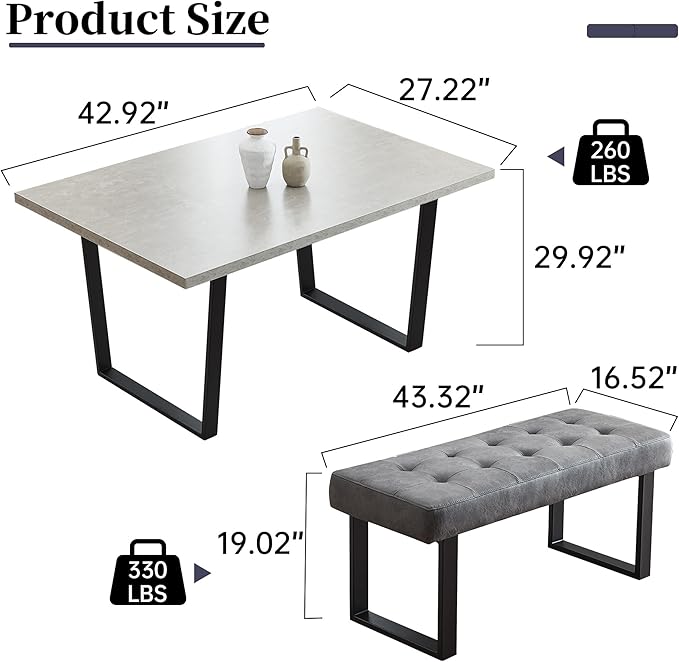 HIPIHOM 3 Piece Dining Table Set with Bench, 42.9 Inch Modern Kitchen Table with Left Seat Corner and 43.3 Inch Bench for Family Dining Room Furniture