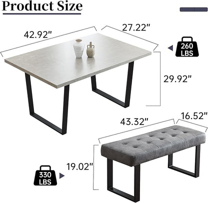 HIPIHOM 3 Piece Dining Table Set with Bench, 42.9 Inch Modern Kitchen Table with Left Seat Corner and 43.3 Inch Bench for Family Dining Room Furniture