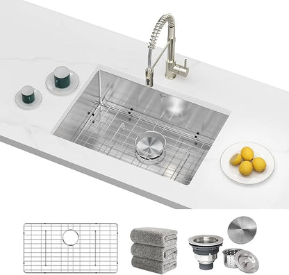 Kitchen Sinks 23x18 Inch Undermount Kitchen Sink Stainless Steel Sink 16 Gauge Single Bowl Sinks Set (5 Item Bundle: Sink, Bottom Grid, Drain Assembly, Drain Cap, Towel)