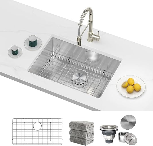 Kitchen Sinks 23x18 Inch Undermount Kitchen Sink Stainless Steel Sink 16 Gauge Single Bowl Sinks Set (5 Item Bundle: Sink, Bottom Grid, Drain Assembly, Drain Cap, Towel)