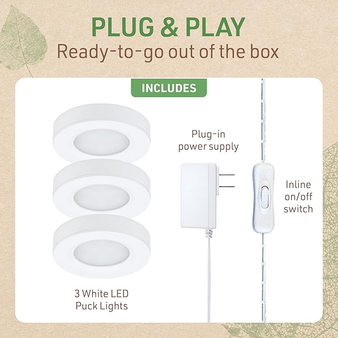 Under Cabinet LED Puck Lighting Kit with 3 Warm White 3000K LED Puck Lights, On/Off Switch & Plug in