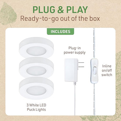Under Cabinet LED Puck Lighting Kit with 3 Warm White 3000K LED Puck Lights, On/Off Switch & Plug in