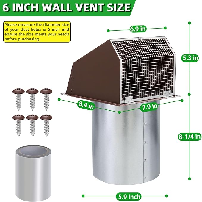 6 Inch Hooded Wall Vent with Screen and Damper,6" Vent Hood Wall Exhaust Vent Cover,Dryer Vent Cover Outside,6"Vent Cover Exterior Wall Vent Cap for Range Hood Kitchen Air Ventilation,Galvanized Steel