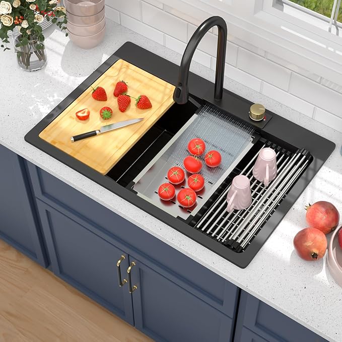33 Waterfall Kitchen Sink - Beslend 33x22 inch Matte Black Granite Composite Waterfall Workstation Sink Drop In Waterfall Sink with Faucet, Topmount Dish Basin Above Counter Single Bowl