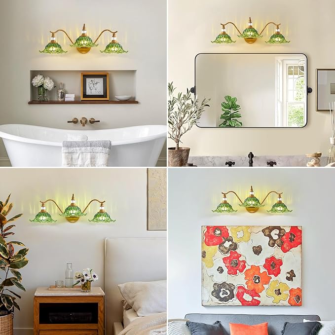 Vintage Bathroom Vanity Light Fixtures - 3 Light Antique Brass Bathroom Lights Fixture Over Mirror with Green Flower Glass,Retro Brushed Gold Bronze Wall-Mounted Vanity Lighting for Powder Room