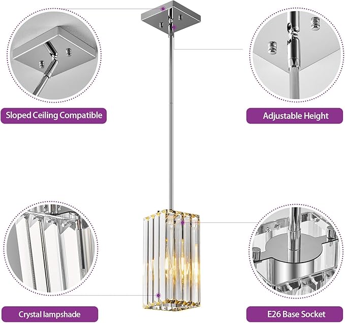 Modern Pendant Light Chrome Rectangle Pendant Lighting Mini Crystal Chandeliers Adjustable Pendant Light Fixture for Kitchen Island Dinning Room Living Room Corridor Bedroom(Chrome 2-Pack)