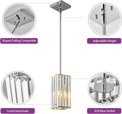 Modern Pendant Light Chrome Rectangle Pendant Lighting Mini Crystal Chandeliers Adjustable Pendant Light Fixture for Kitchen Island Dinning Room Living Room Corridor Bedroom(Chrome 2-Pack)