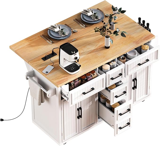 Ball & Cast 56.5" Large Kitchen Island with Drop Leaf and Power Outlet,Embossed Vertical Stripe Rolling Kitchen Cart on Wheels W/Adjustable Shelves,4 Doors & 5 Deep Drawers,for Dining Room,White