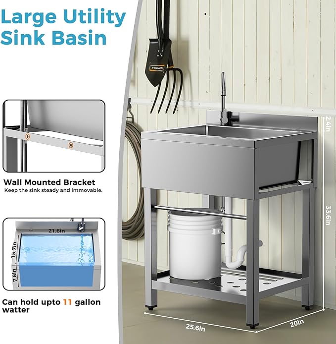 Stainless Steel Utility Sink, 25 Inch Single Bowl Kitchen Sink with Cold Hot Water Pipe Standard P-trap Drainge for Laundry Room Pet Care Farmhouse