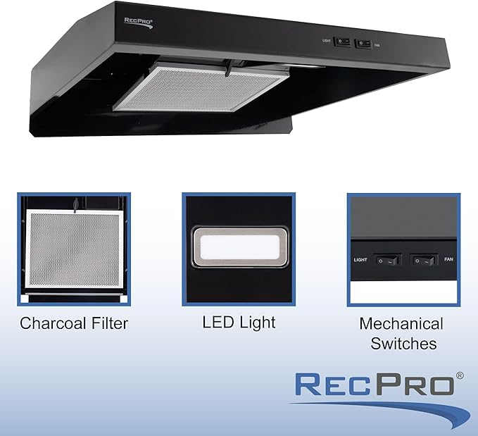 RecPro RV Range Hood with Charcoal Filter & LED Lamp | 12V DC Motor | 60W Energy Efficient | Built-in Charcoal Filter | Sleek Design | Hard-Wired Installation | 0.8A Fan Motor (Black)