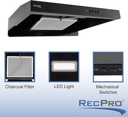 RecPro RV Range Hood with Charcoal Filter & LED Lamp | 12V DC Motor | 60W Energy Efficient | Built-in Charcoal Filter | Sleek Design | Hard-Wired Installation | 0.8A Fan Motor (Black)
