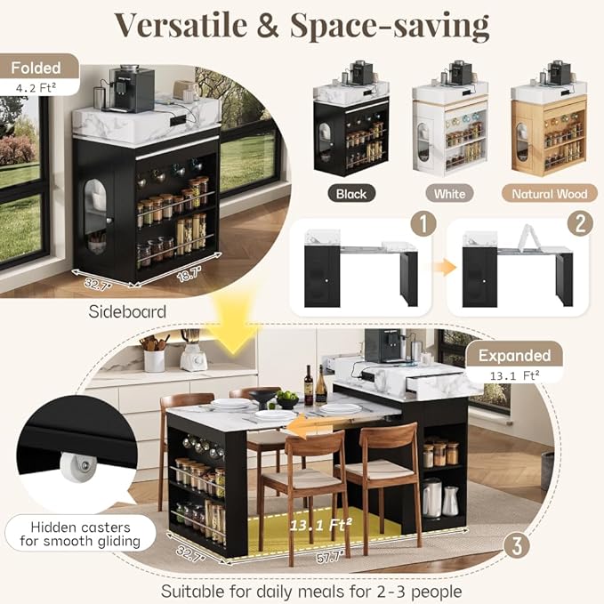 Folding Dining Table for Apartment, Extendable Kitchen Island with Power Outlet, Rolling Bar Cart with Storage Drawers & Cabinet for Small Dining Spaces