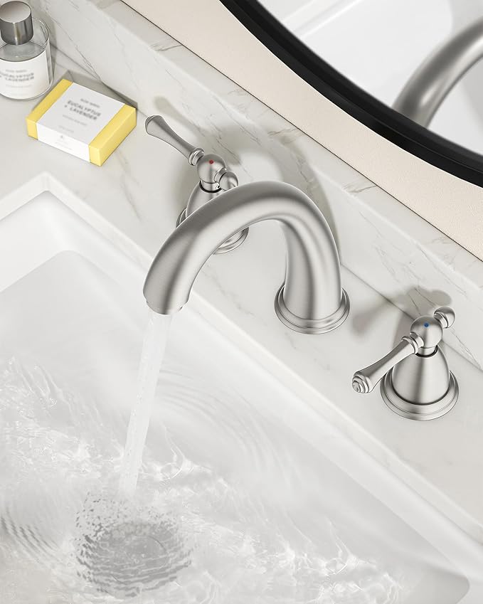 FORIOUS Faucet for Bathroom Sink 3 Hole,Brushed Nickel Bathroom Faucet Widespread with Pop Up Drain and Water Hose Supply, 2 Lever Handles Design,for Comercial Vanity RV Camper Sink