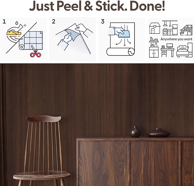 17.3" x 197" Deep Dark Walnut Wood Grain Contact Paper - Thick Waterproof Peel and Stick Vinyl Wrap for Furniture & Cabinets, Matte Smooth Finish Decorative Film