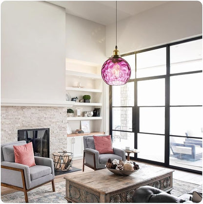 Modern Hammered Pendant Light Purple Glass Hanging Pendant Light 7.8" Globe Pendant Light Fixture Black Farmhouse Kitchen Lighting Over Island Sink Dining Room Table