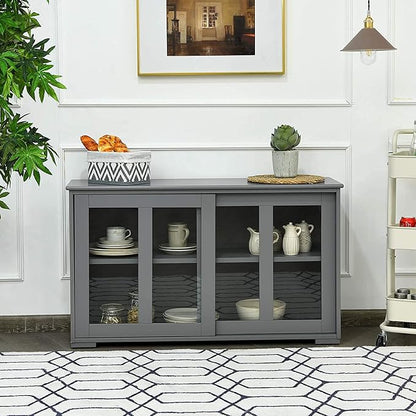 Sideboard Buffet Cabinet, Stackable Cupboard Storage Table with Adjustable Shelf & Glass Sliding Doors, Wooden Credenza Coffee Bar Cabinet for Kitchen/Dining Room/Living Room/Entryway (Grey)