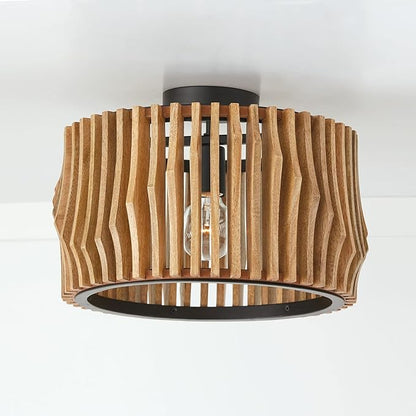 Capital Lighting 244632WK Archer Modern Artisan-Crafted Mango Wood Dual Mount Pendant/Semi Flush Ceiling Light, 1-Light 100 Watt, 11" H x 16" W, Light Wood and Matte Black