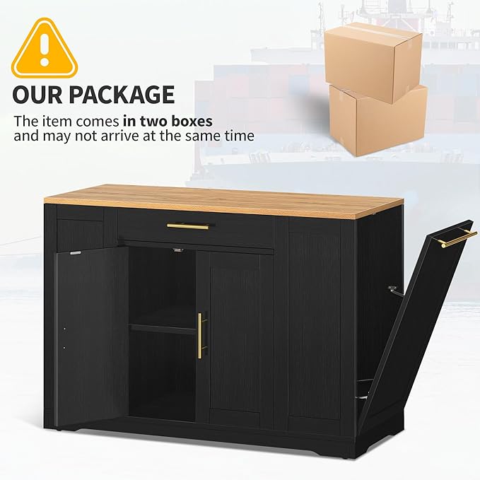 DWVO Large Kitchen Island with Trash Can Cabinet, 53 Inch Kitchen Island on Wheels, Rolling Island with Tilt-Out Garbage Storage Fits 13 Gallon Bin, Spice Rack and Drawer, for Dining Room, Black