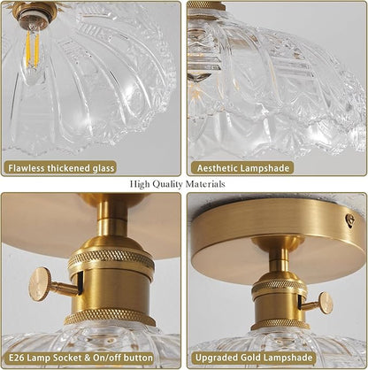 Semi Flush Mount Ceiling Light, Gold Vintage Hallway Light Fixture with Clear Water Lily Glass Lampshade Brass Modern Ceiling Light Fixtures for Porch Kitchen Bedroom Hallway