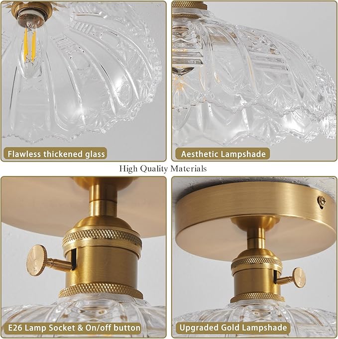 Semi Flush Mount Ceiling Light, Gold Vintage Hallway Light Fixture with Clear Water Lily Glass Lampshade Brass Modern Ceiling Light Fixtures for Porch Kitchen Bedroom Hallway 2pack