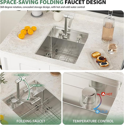 15x18 Inch Outdoor Sink Undermount RV Sink Workstation 16 Gauge Stainless Steel Single Bowl Handmade Concealed Outdoor Kitchen Sinks With Folding Faucet 15"x18"x9"