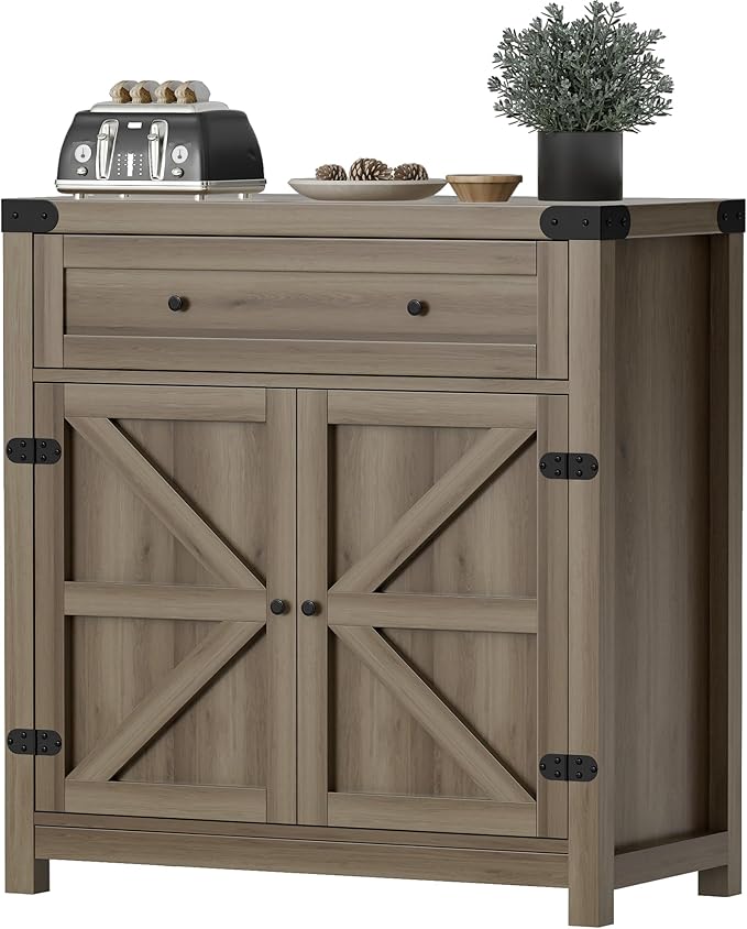 Flamaker Sideboard Buffet Cabinet with Storage, Farmhouse Coffee Bar Cabinet with 1 Drawer and 2 Barn Doors, Barn Door Console Table, Storage Cabinet for Kitchen, Dining Room, Entryway (Rustic Oak)