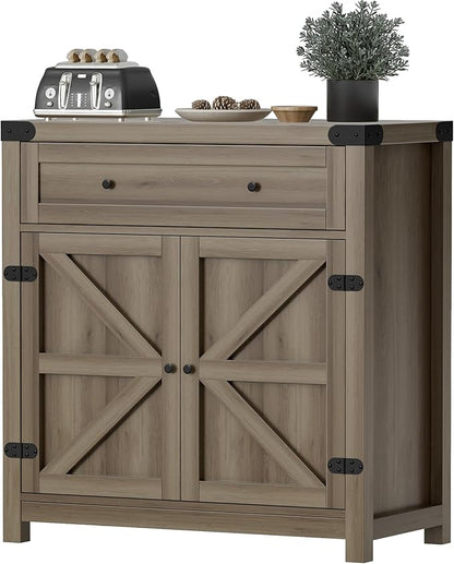 Flamaker Sideboard Buffet Cabinet with Storage, Farmhouse Coffee Bar Cabinet with 1 Drawer and 2 Barn Doors, Barn Door Console Table, Storage Cabinet for Kitchen, Dining Room, Entryway (Rustic Oak)