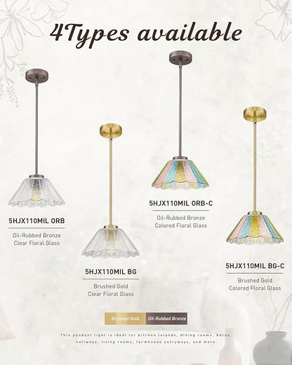 Modern Hanging Light Fixture, HWH Pendant Lights Kitchen Island, 10.4 Inch Farmhouse Pendant Light with Colored Floral Glass, Oil-Rubbed Bronze Finish, 5HJX110MIL ORB-C