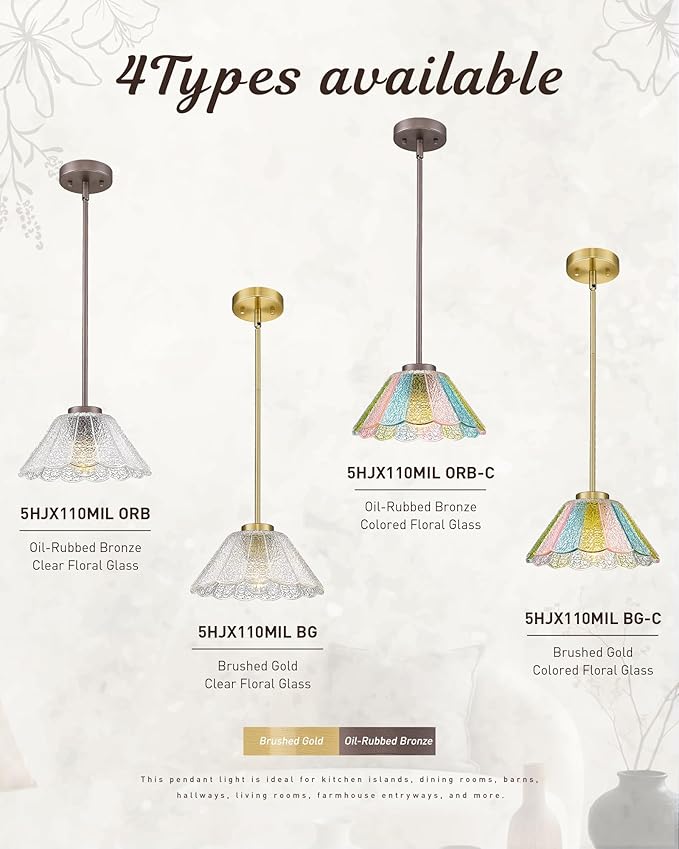 Modern Pendant Light Fixtures, HWH Pendant Lights for Island Dining Room Hallway, Bedroom, Gold Hanging Lighting with Clear Floral Glass, Brushed Gold Finish, 5HJX110MIL BG