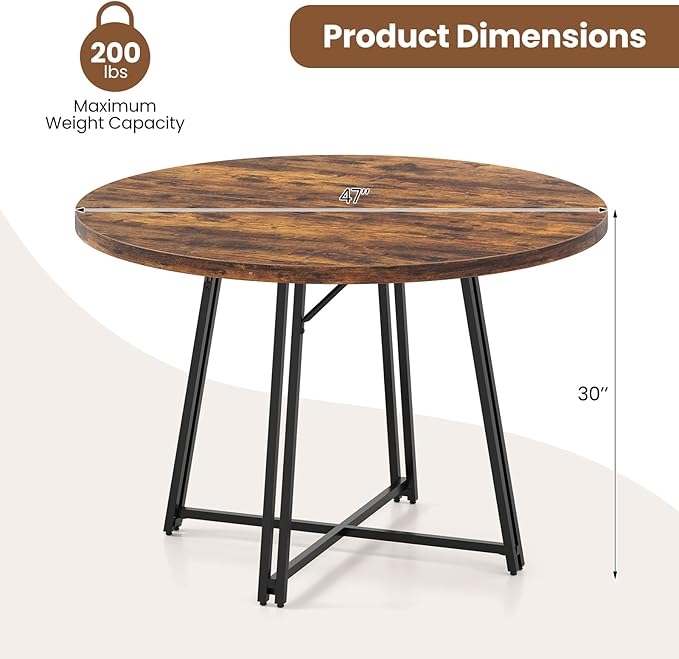 Giantex 47-inches Round Dining Table for 4-6 People, Kitchen Table with Metal Supporting Legs & Cross Base, Circle Dinner Tables for Dinette, Restaurant, Living Room, Dining Room, Rustic Brown