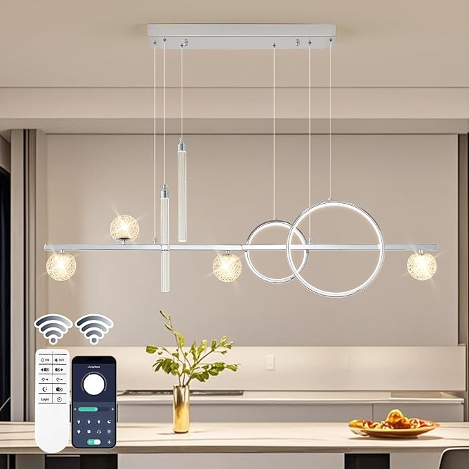 ORANOOR Modern LED Pendant Lights, Dimmable 47in Silver LED Chandelier Lighting, Upgraded Chrome Linear Dining Room Hanging Light Fixtures Kitchen Island Globe Pendant Light for Dining Table (4200lm)