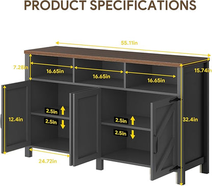 knoworld Buffet Sideboard with Storage Farmhouse with 4 Doors, 55'' Large Kitchen Storage Cabinet Wood Coffee Bar Cabinet Buffet Table with Shelves for Kitchen, Dining Room, Entryway (Black, 55 in)