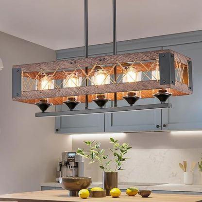 5-Light Farmhouse Chandelier for Dining Room, Rustic Wood Color Kitchen Island Lighting, Adjustable Height Chandelier for Kitchen