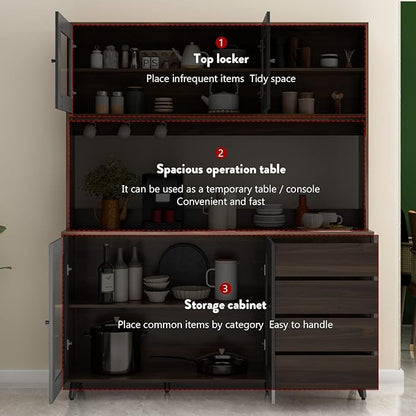 AGOTENI Large Kitchen Hutch Cabinet, Storage Cupboard Pantry with 4 Glass Doors, 4 Drawers & Microwave Shelf, for Kitchen Open Storage, Rustic Brown (63" W x 15.7" D x 74.8" H)