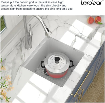 Lordear 18 Inch Granite Composite Bar Sink - 18"x18" Undermount Kitchen Sinks White Single Bowl Under Counter Ledge Workstation Bar Prep RV Sink Basin