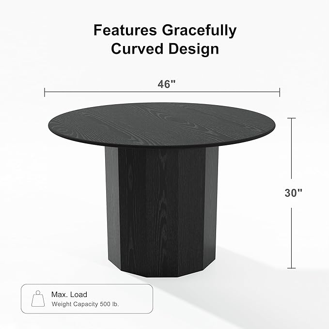 Casaphoria 46" Round Dining Table, Modern Wood Kitchen Table with Cylinder Polygonal Base for Living Room & Dining Room, Easy Assembly Farmhouse Furniture for 4-6, Black
