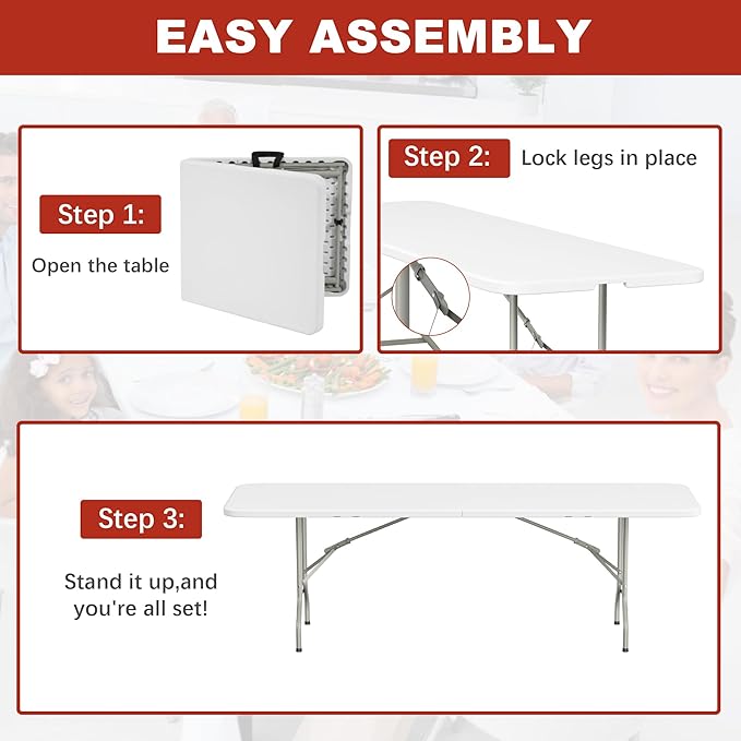 Elevon Folding Table Set of 2,8 Feet Heavy Duty Fold-in-Half Utility Table Indoor Outdoor for Camping,Picnic, Party