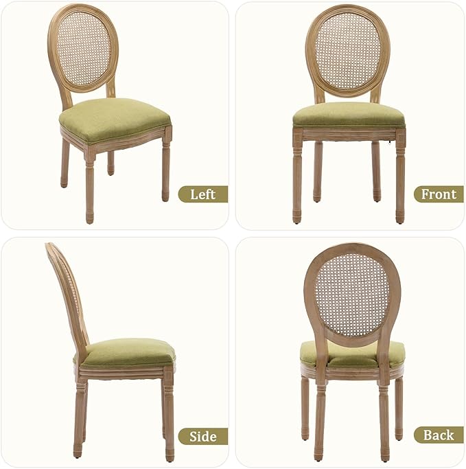 Linen Wooden Dining Chair Set of 2, Upholstered Farmhouse Dining Chair with Solid Wood Frame, Kitchen & Dining Room Chairs for Living Room, Restaurant, Bedroom (Green-Rattan, Set of 2)