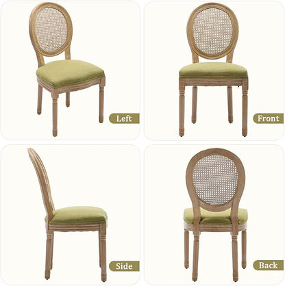 Linen Wooden Dining Chair Set of 2, Upholstered Farmhouse Dining Chair with Solid Wood Frame, Kitchen & Dining Room Chairs for Living Room, Restaurant, Bedroom (Green-Rattan, Set of 2)