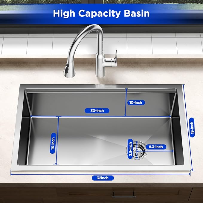 JOMOO 32‑Inch Nano‑Coated Stainless Steel Workstation Sink, 10″ Deep Single Bowl Undermount Kitchen Sinks, Handmade Topmount Sink Set with Accessories for Kitchen, Bar & RV