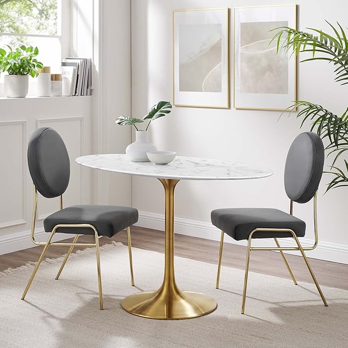 Modway Lippa 48" Oval-Shaped Mid-Century Modern Dining Table with Artificial Marble Top and Gold Base