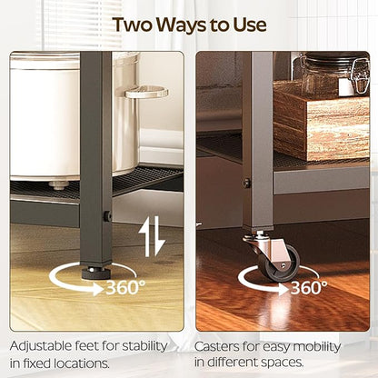 YATINEY Movable Bakers Rack, Microwave Stand with Charging Station, Kitchen Storage Rack with Hooks and Basket, Casters and Adjustable Feet, for Small Space, Kitchen, Dining Room, Rustic Brown HB04UBR