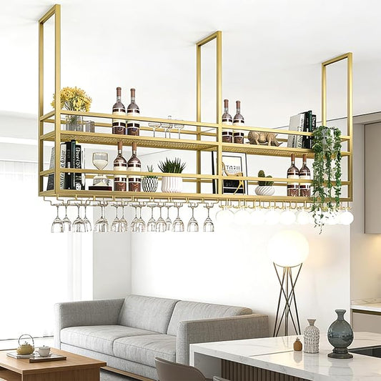 Ceiling Wine Glass Rack, Industrial Wall Mounted Wine Rack, Hanging Wine Rack, 2-Layer Iron Bottle Holder Wine Shelf with Glass Holder (Gold,120CM)