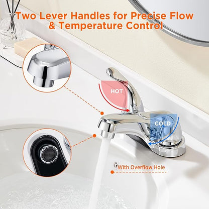Bathroom Sink Faucets 2/3 Hole,Chrome Plating Dual Handles 4 inch Plastic Plating Over Bathroom Faucet with Pop-up Drain and 2 Supply Hoses for Apartment Rvs Sink Vanity