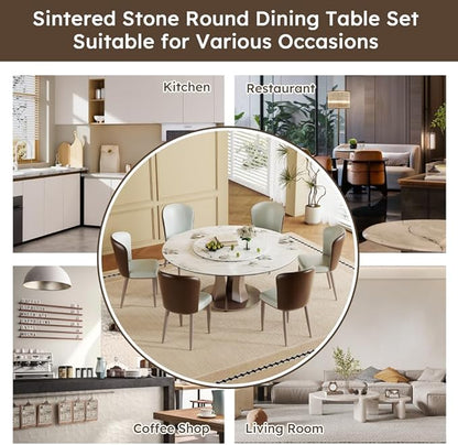Modern Sintered Stone Dining Table for 6-8, Luxury Faux Marble Kitchen Table with Heavy-Duty Stainless Steel Base, Heat-Resistant Furniture for Dining Room (Table+4 Chairs,59'')