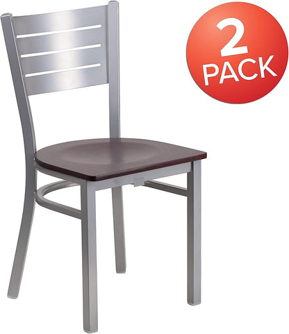 Flash Furniture 2 Pk. HERCULES Series Silver Slat Back Metal Restaurant Chair - Mahogany Wood Seat