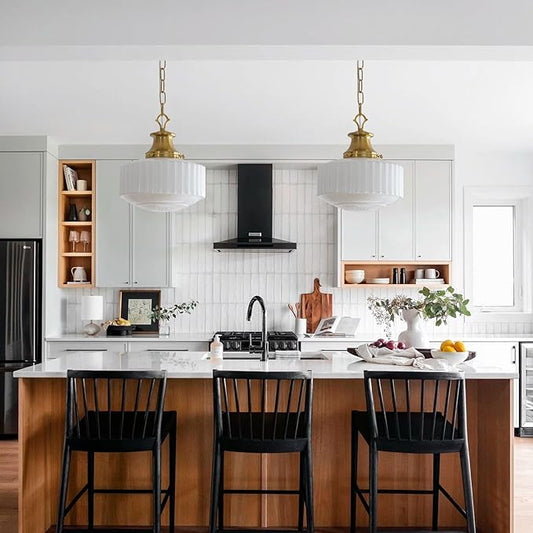 Milk Glass Pendant Light, 10.63" White Pleated Glass Chandelier, Vintage Brass Antique Pendant Lights, for Kitchen Island Lighting, Hallway, Bedroom, Dining Room, Foyer, E26 Bulb Included