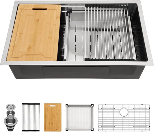 Lordear 33 Inch Undermount Kitchen Sink Stainless Steel 16 Gauge Single Bowl Workstation Large Sinks 33 x19 Inch Double Ledges Under Counter Handmade Sink