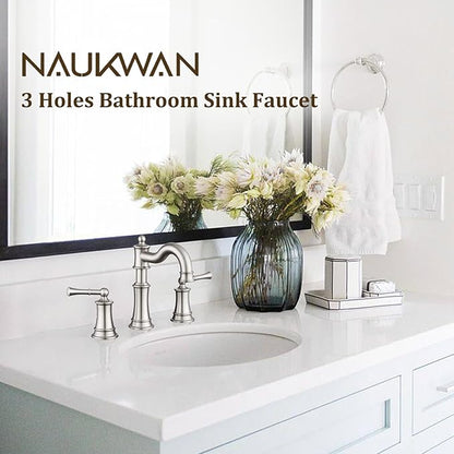 Roman Bathroom-Sink-Faucet 3 Holes, Rotated Spout Vanity Basin Faucets 2 Handles 8 inches Widespread Deck Mount Brass Faucet for Sink with Overflow Pop Up Drain Brushed Nickel NL2204-BN