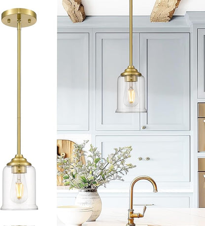 zeyu Gold Pendant Light, Mid Century Chandelier, 1-Light Hanging Fixture for Dinning Room Bedroom, Clear Glass Shade, Brushed Gold Finish, ZSL104MIL BG